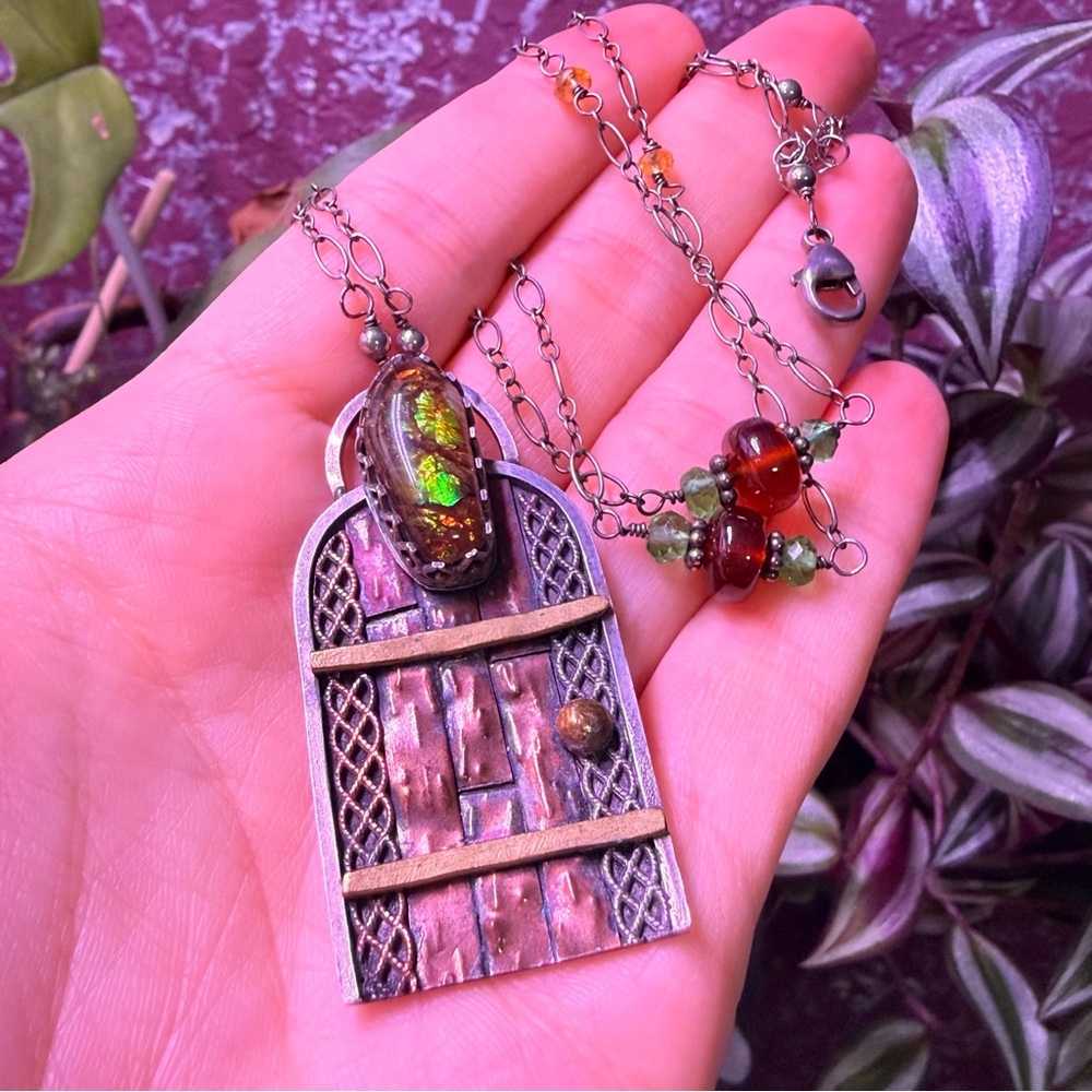 OOAK Sterling Silver 925 Rainbow Ammolite Fairy Door Pendant Necklace Artisan